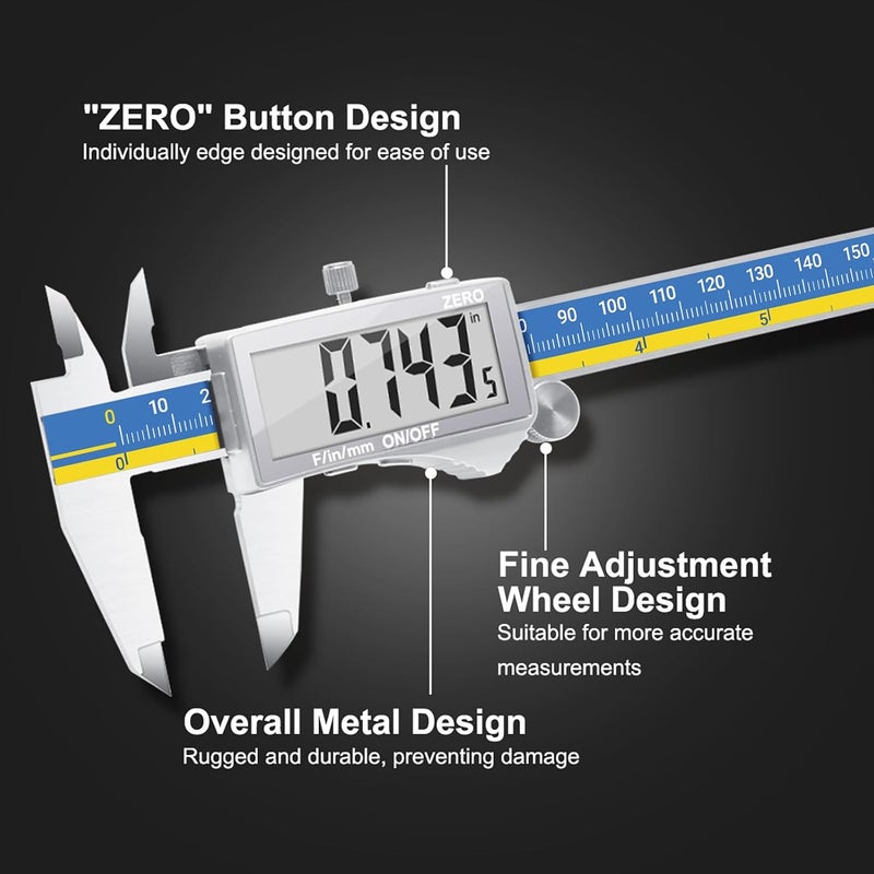 Preciva Digital Caliper, Stainless Steel Vernier Caliper Digital, Micrometer Calipers with Large LCD Screen, Auto-Off Feature, Inch Millimet Conversion, 6 Inch Caliper Tools for DIY/Household - Image 3